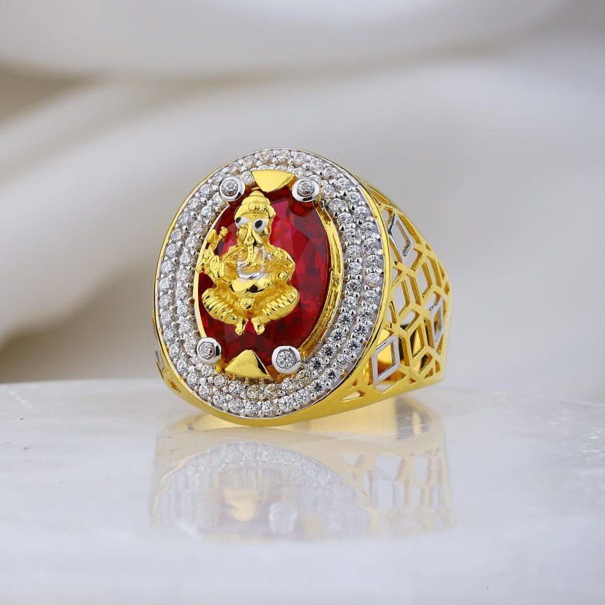 22k gold ganpati design pink stone gents ring