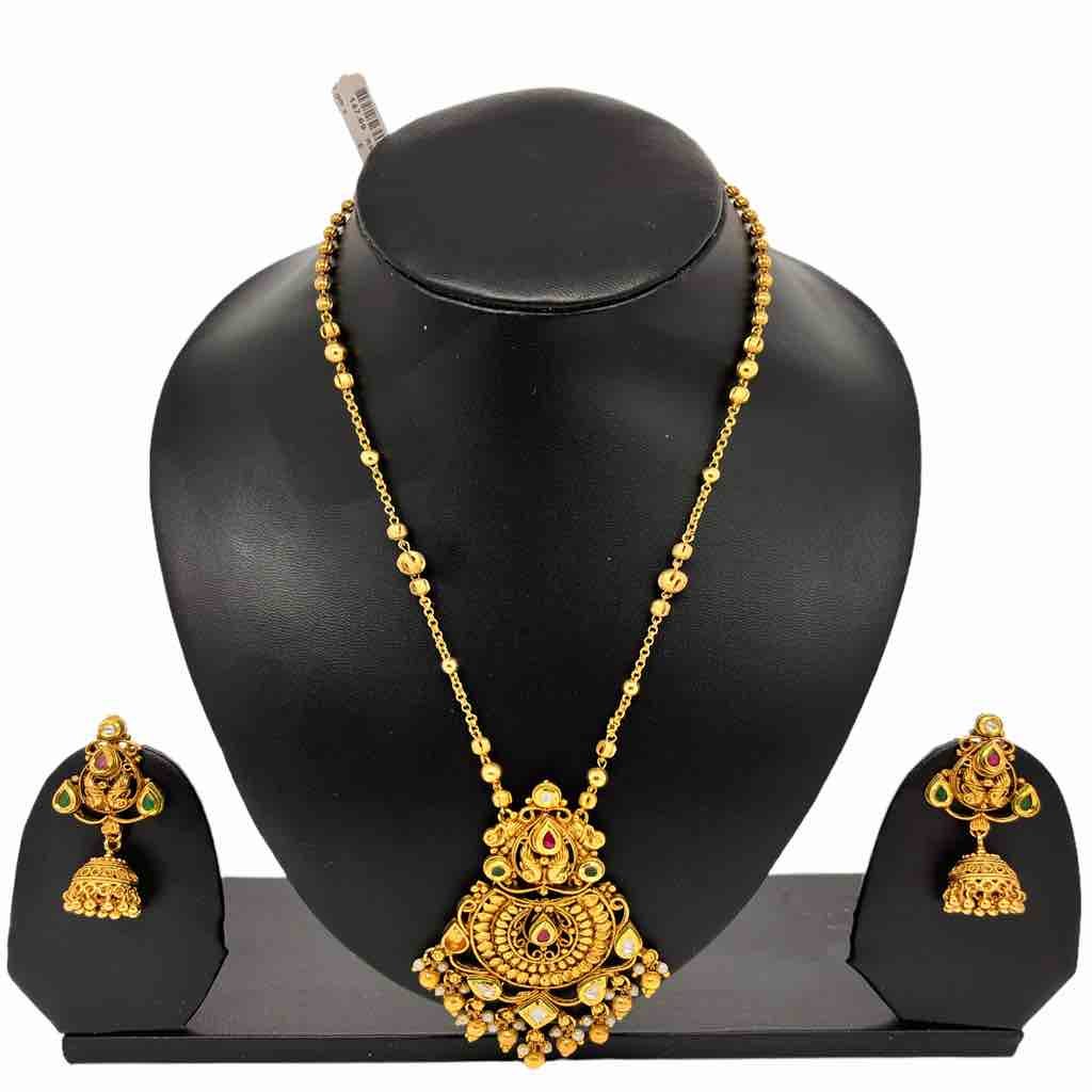 Gold plated long necklace with earrings